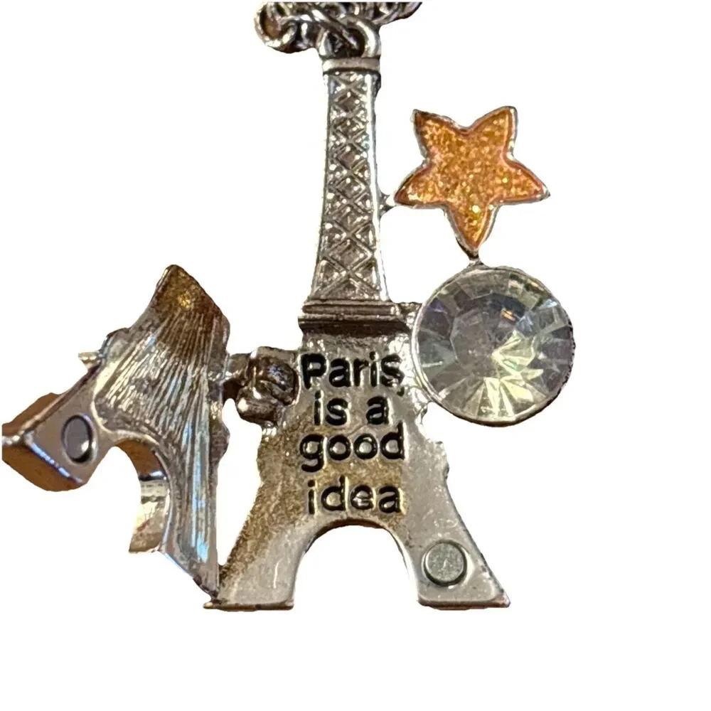 Justice 17” Silvertone Necklace And Pierced Earrings With Eiffel Tower
